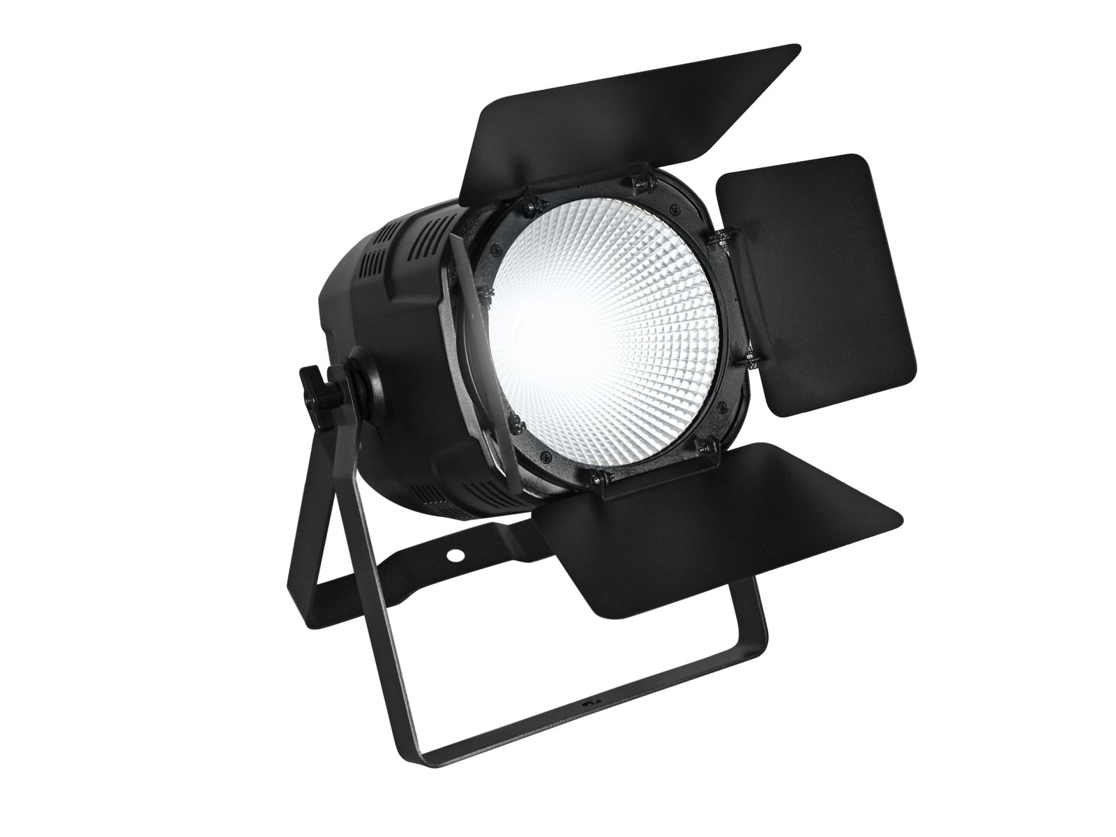 EUROLITE LED Theatre COB 100 WW/CW Refletor de luz profissional preto com filtro branco e aletas móveis num fundo branco