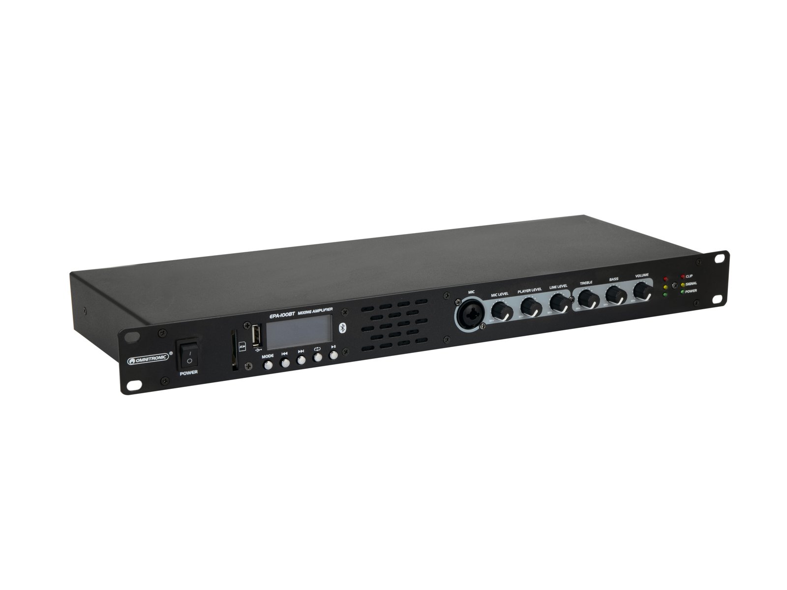 OMNITRONIC EPA-100BT Mixing Amplifier Aparelho electrónico preto tipo rack com ecrã e botões