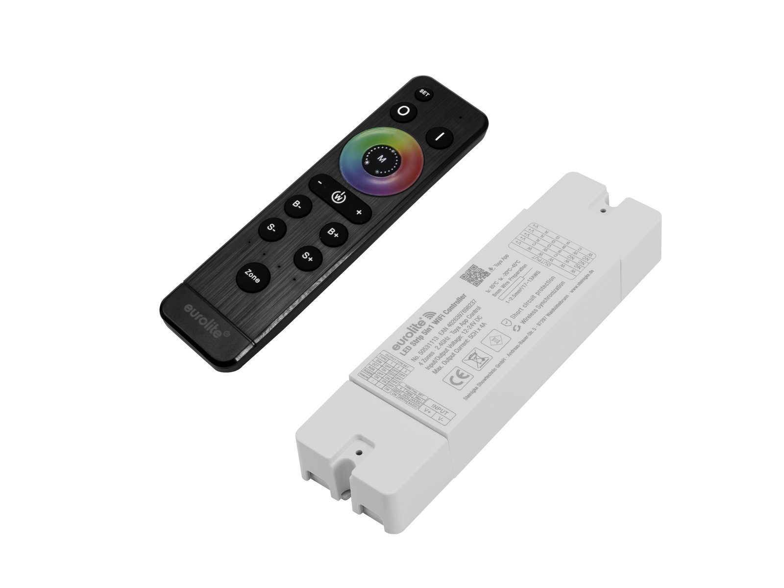 EUROLITE Set LED Strip 5in1 WiFi Controller + Remote Control Zone Controle remoto preto e unidade eletrônica branca sobre fundo branco