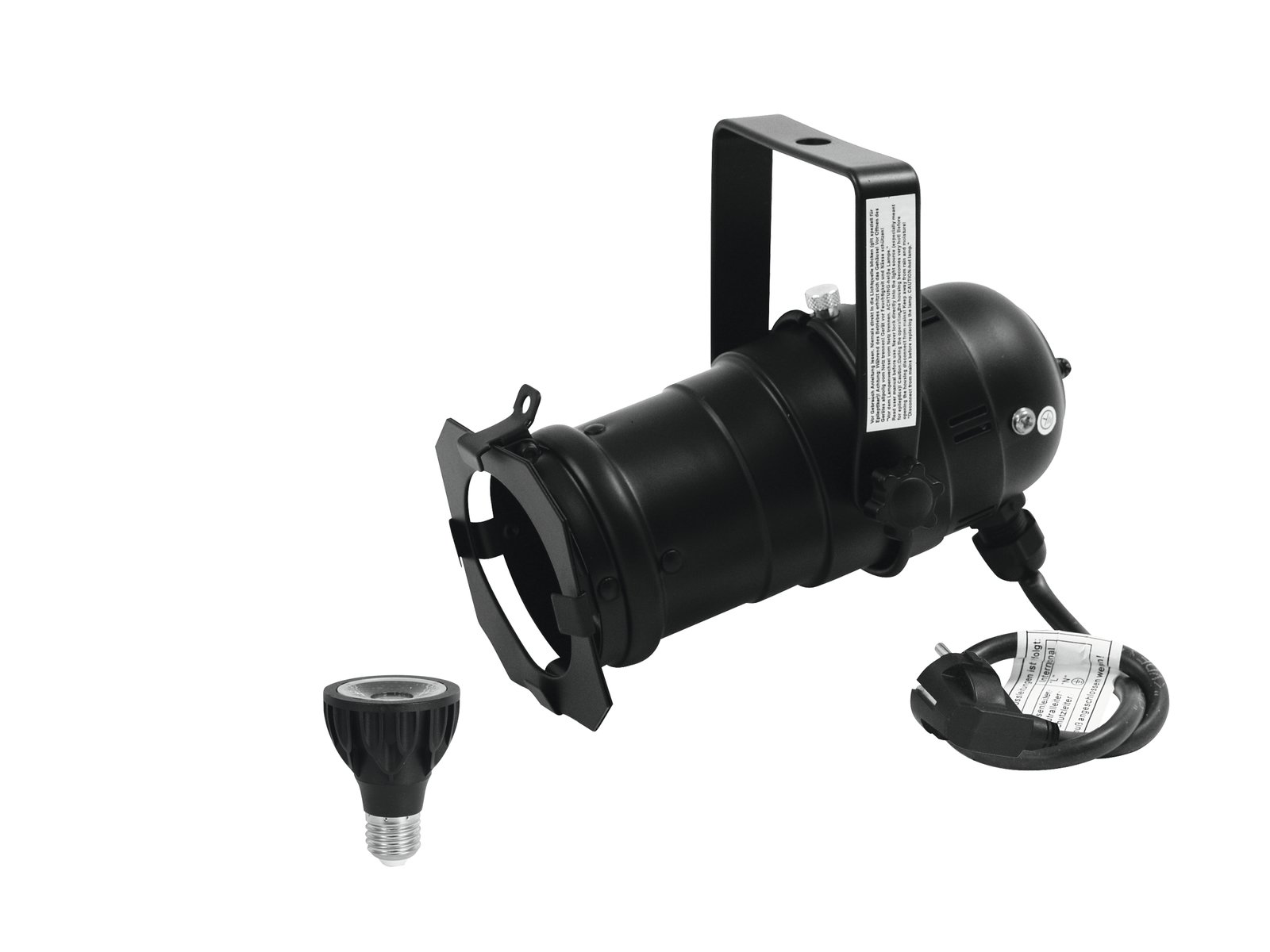 EUROLITE Set PAR-20 Spot bk + PAR-20 230V COB 6W E-27 LED 1800-3000K dim2warm refletor de teatro preto com suporte e cabo elétrico