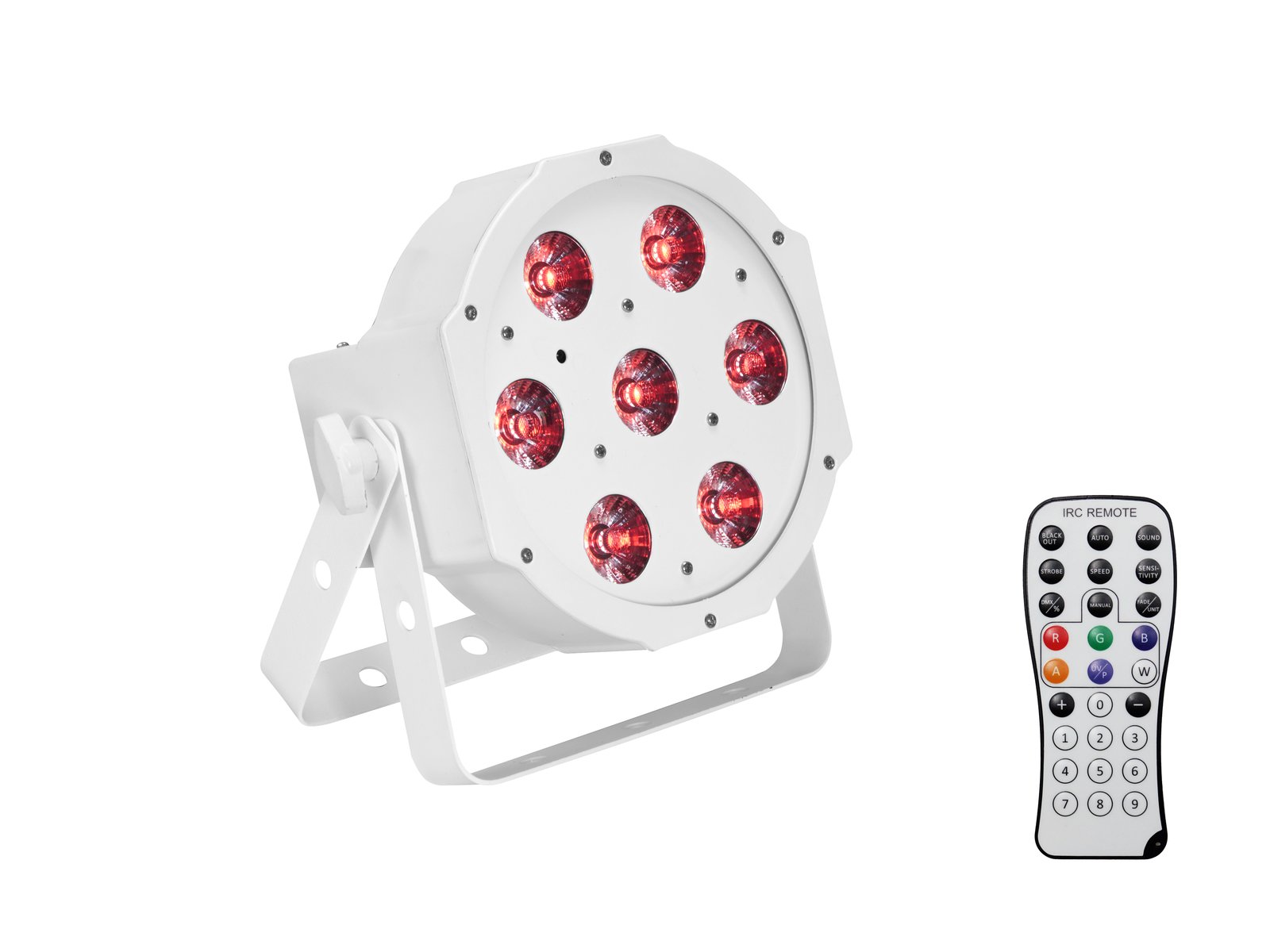 EUROLITE LED SLS-7 HCL Floor white Refletor LED branco com sete LEDs vermelhos e controlo remoto multibotão preto e branco