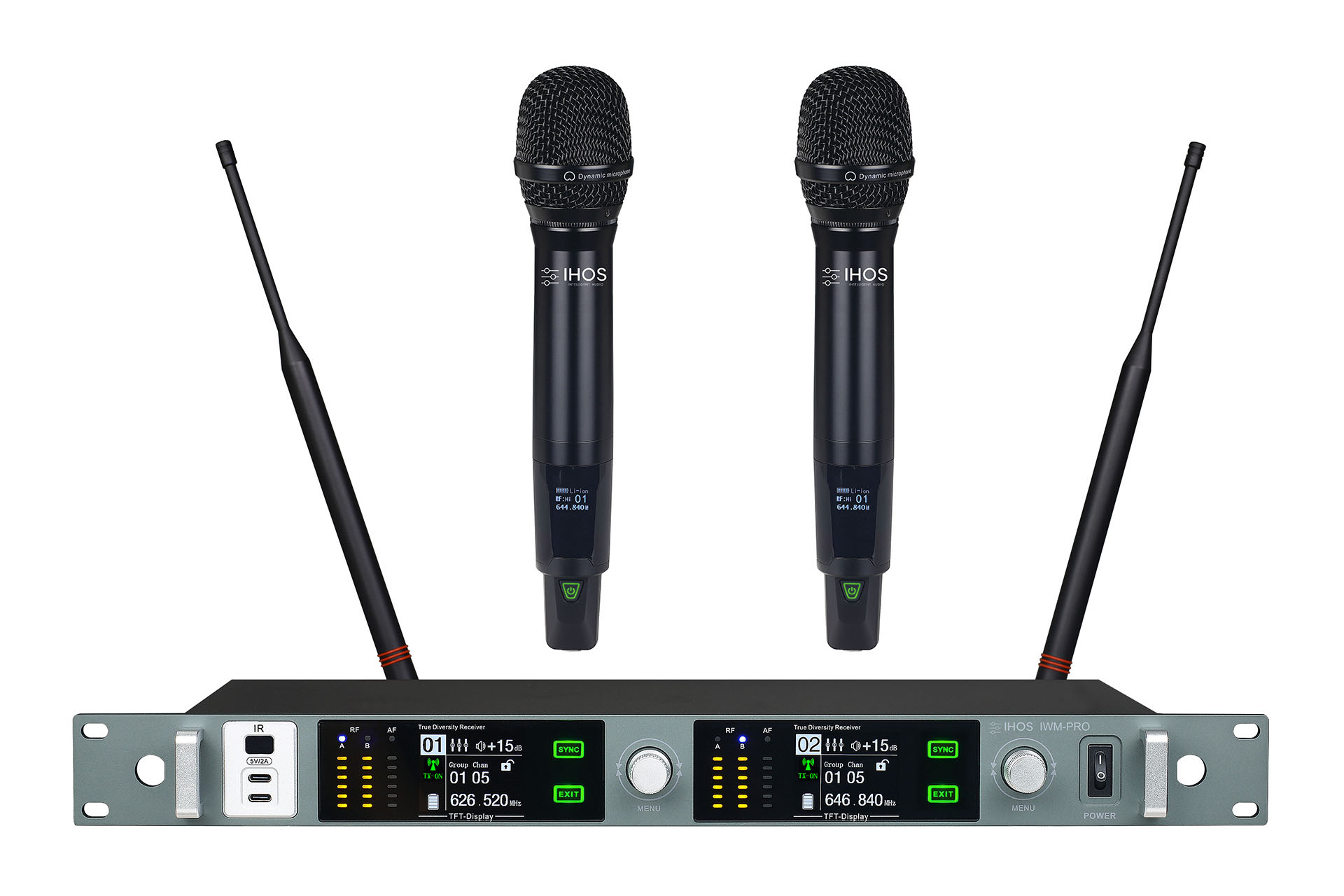Wireless Microphone IWM-PRO Sistema de microfone sem fio profissional com receptor e dois microfones pretos