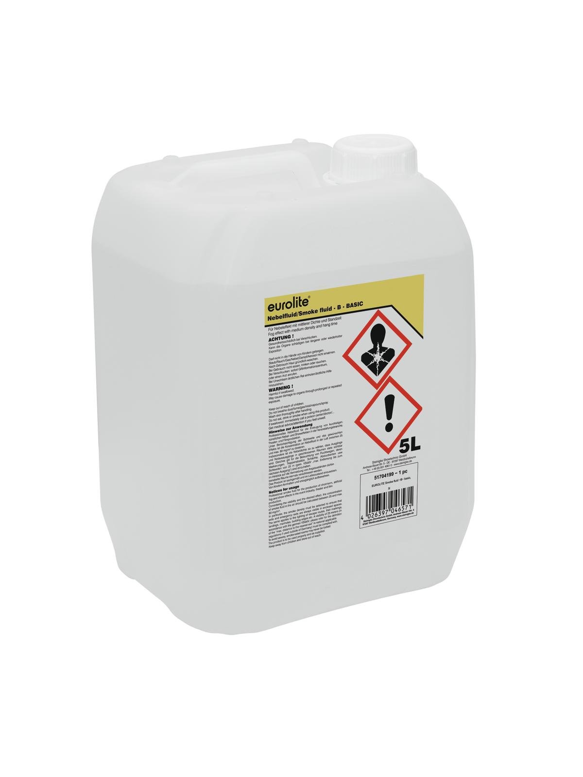 EUROLITE Smoke Fluid -B- Basic, 5l Recipiente plástico branco translúcido de 5 litros com rótulo de advertência da marca eurolite