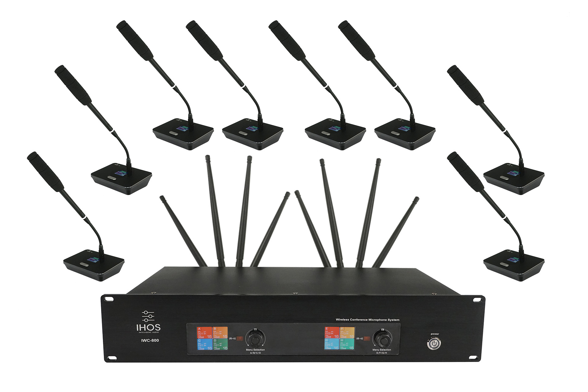 Wireless conference microphone system IWC-800 Sistema de microfones sem fios com 8 microfones tipo gooseneck e receptor preto