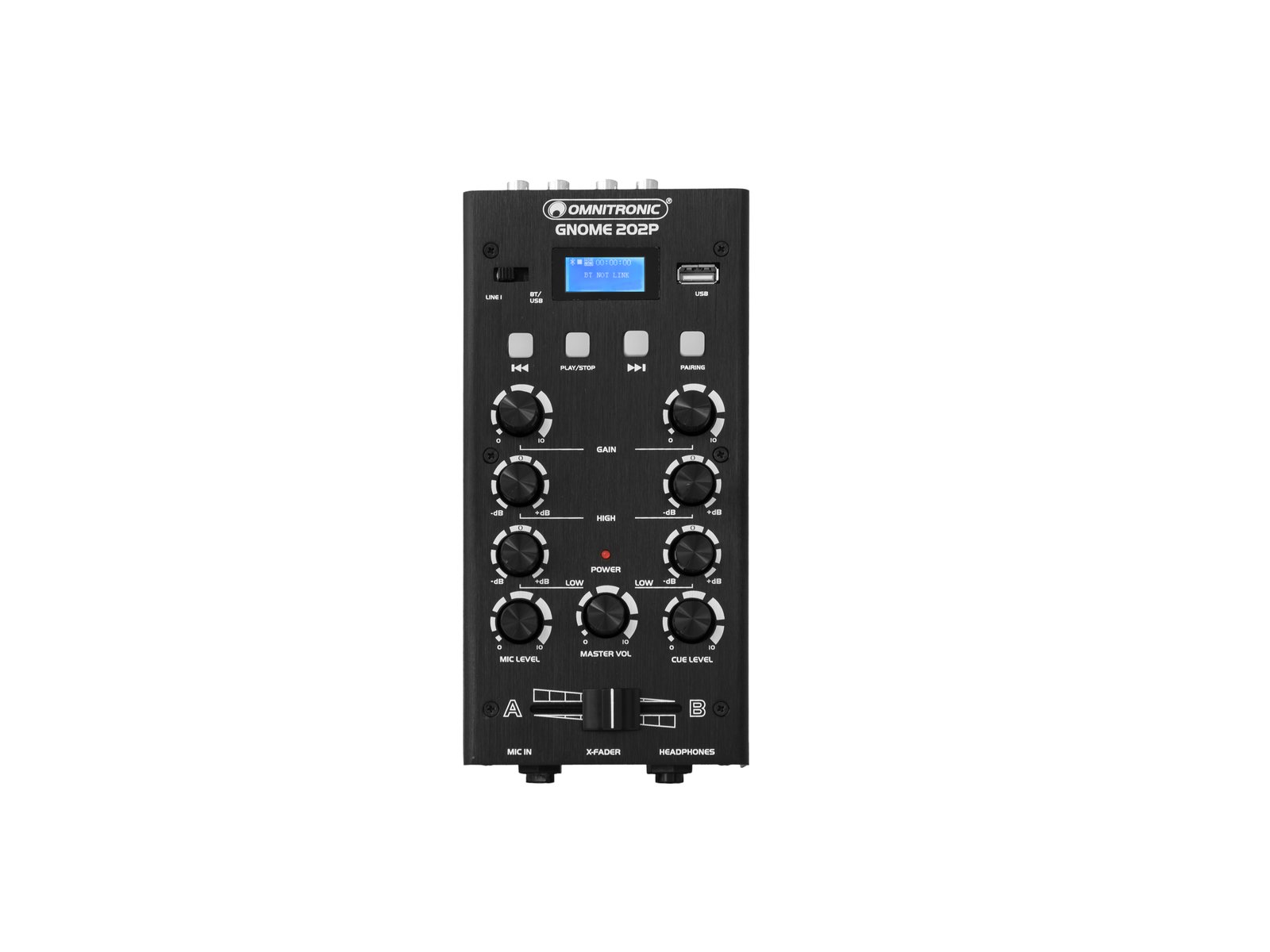 OMNITRONIC GNOME-202P Mini Mixer black Mixer de áudio preto com ecrã digital azul e botões