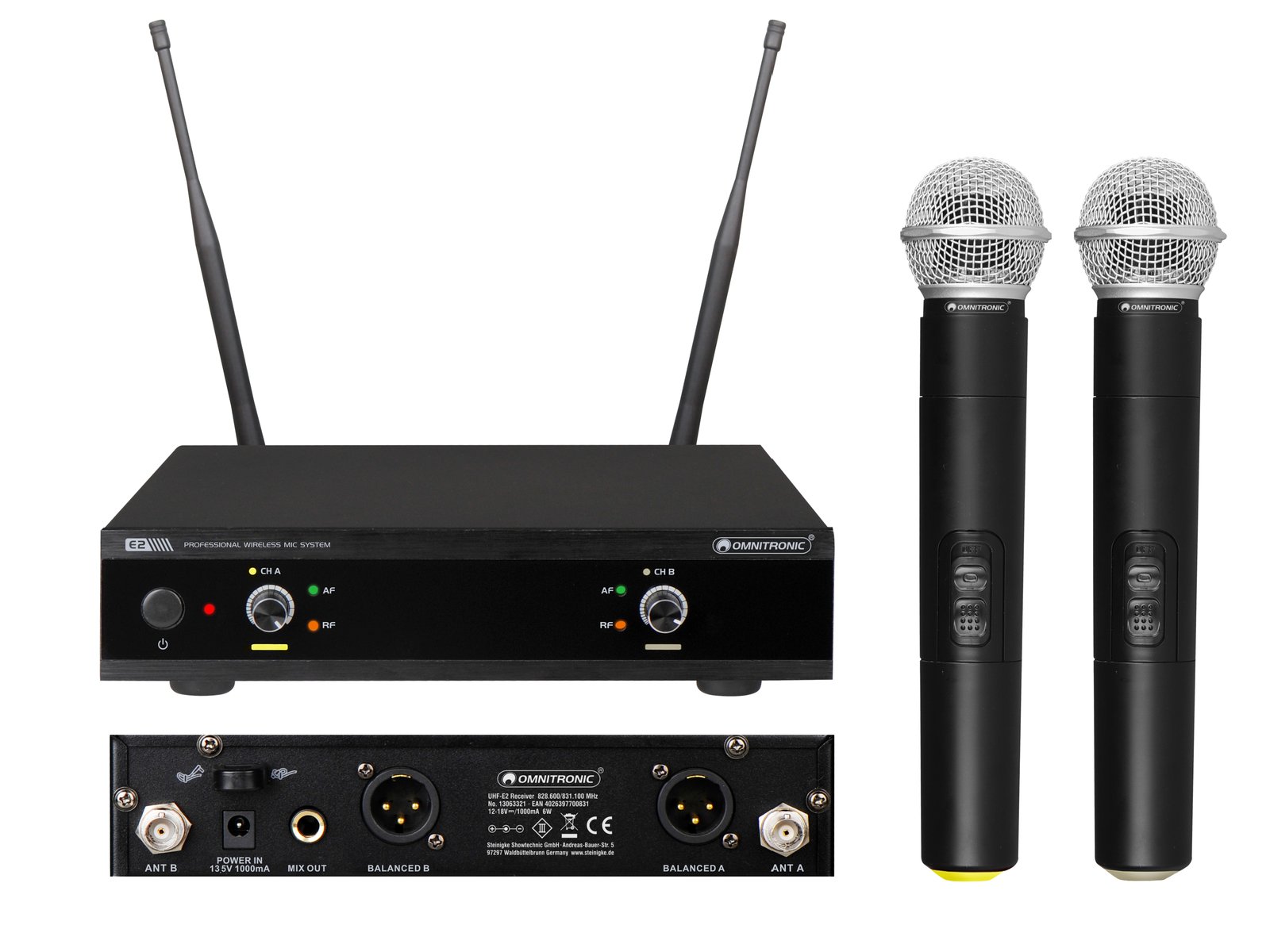 OMNITRONIC UHF-E2 Wireless Mic System 828.6/831.1MHz microfones sem fios pretos com receptor e antenas