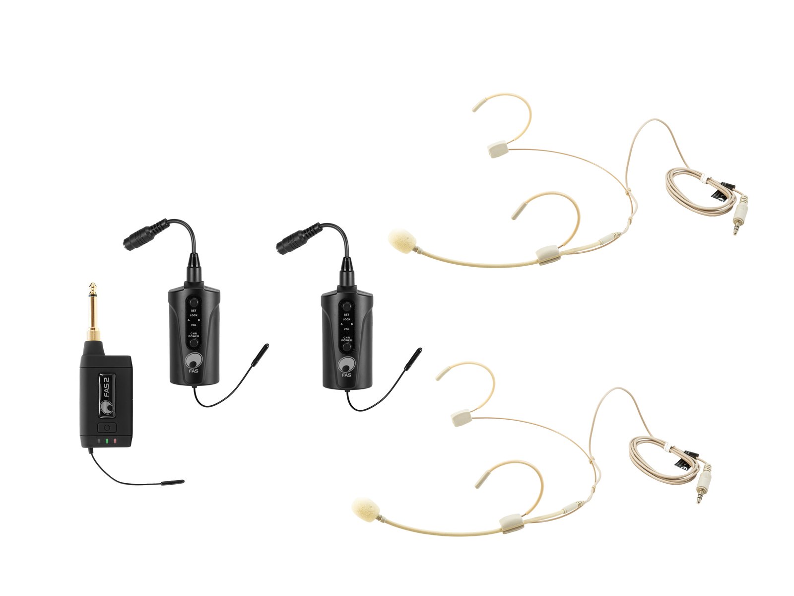 OMNITRONIC Set FAS TWO + 2x BP + 2x Headset 660-690Mhz Microfones sem fios com microfones headset bege e unidades transmissor/receptor pretas