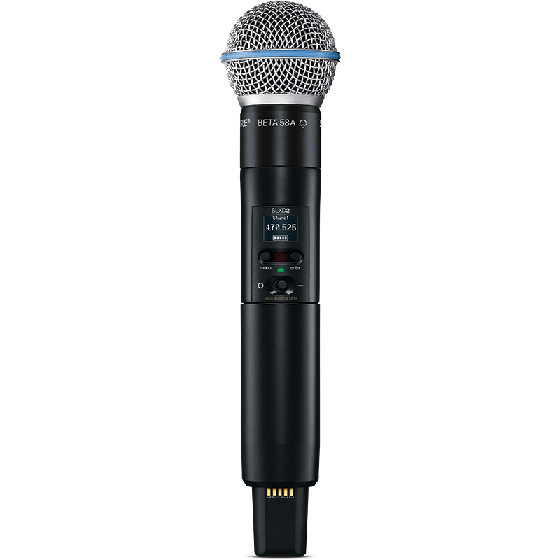 Shure - SLXD2/B58 - K59 (606-650 MHz) Microfone preto sem fio com grelha metálica prateada e ecrã digital
