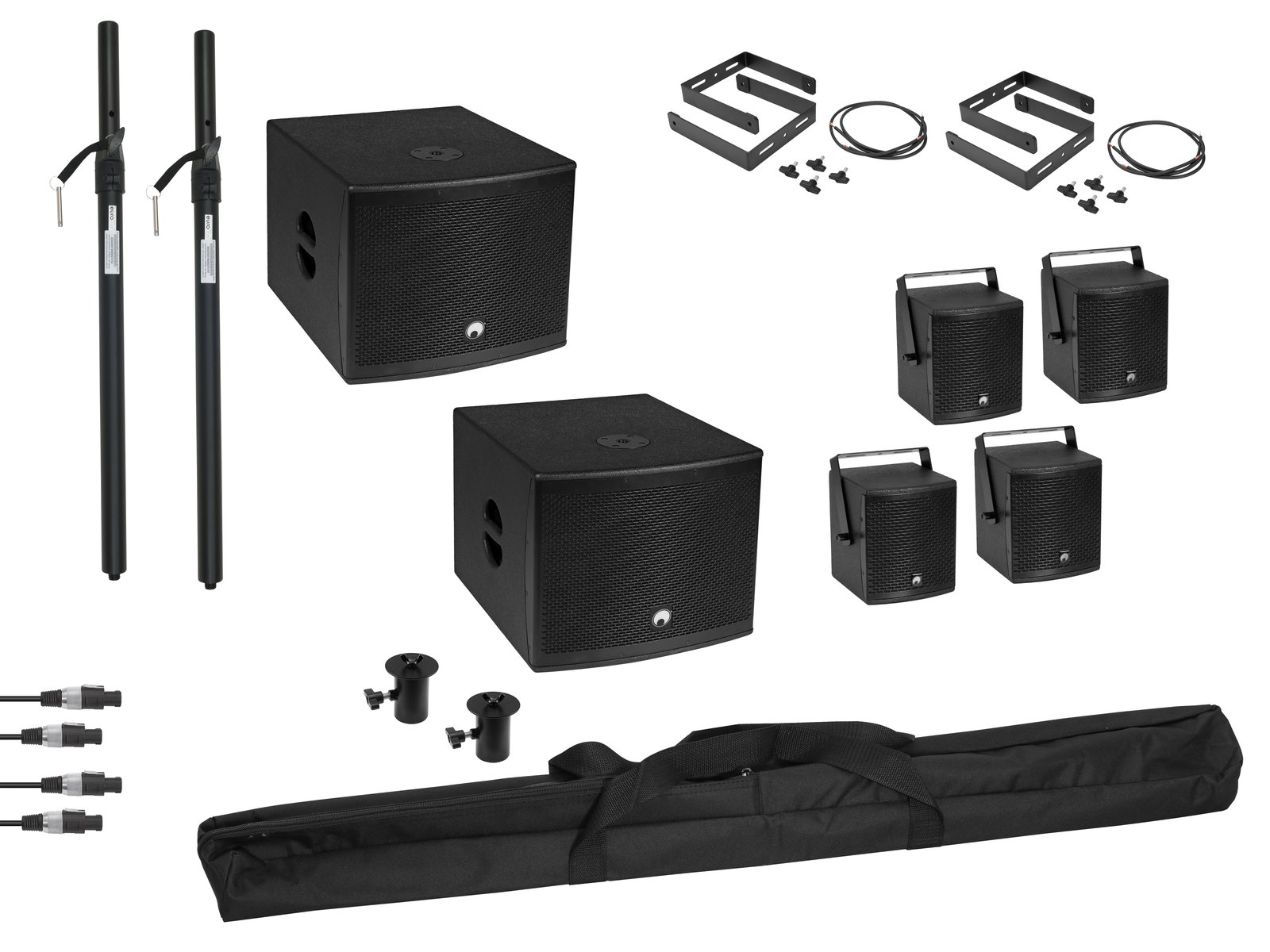 OMNITRONIC Big Molly Set Conjunto de equipamento de som preto com altifalantes, suportes, cabos e mala de transporte.