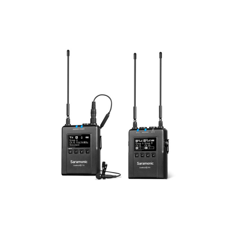 Saramonic UwMic9S Kit1 - Wireless lavalier microphone system (UHF), TX9S transmitter + RX9S receiver Microfones sem fios Saramonic pretos com antenas e ecrãs digitais