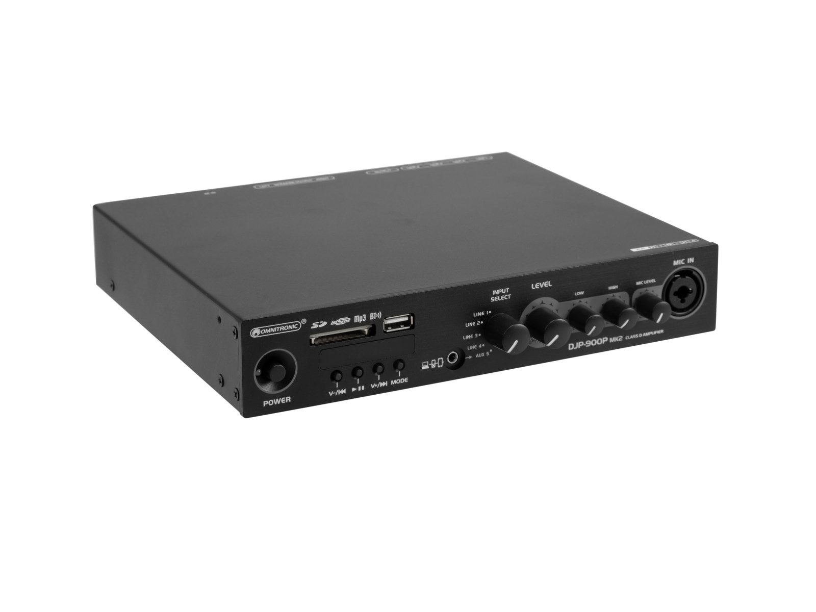 OMNITRONIC DJP-900P MK2 Class D Amplifier Interface de áudio Behringer U-Phoria UMC22 preta com botões e entrada para microfone