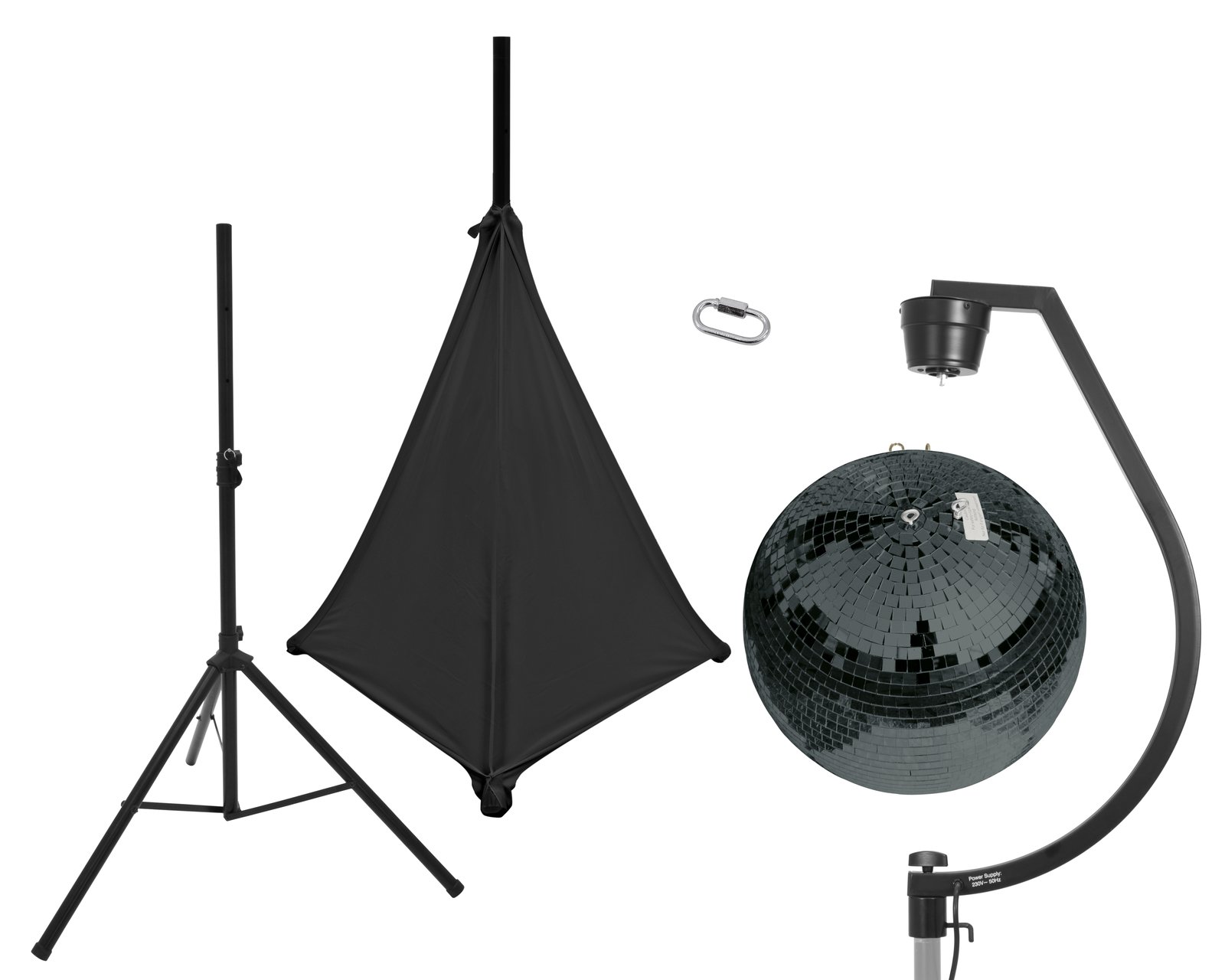 EUROLITE Set Mirror ball 50cm black with stand and tripod cover black Suporte tripé preto, saco de proteção preto, disco espelhado preto e mosquetão prateado