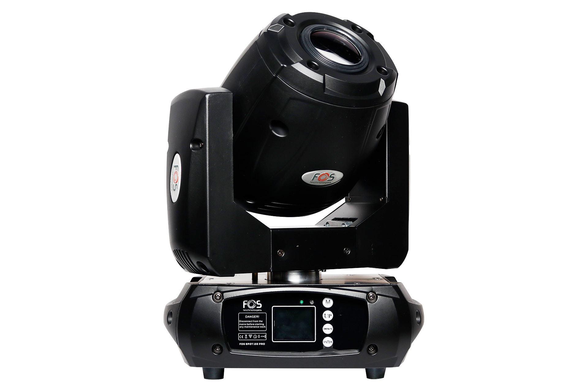 FOS Spot 150 Pro Cabeça móvel para iluminação profissional FOS preta com painel digital em fundo branco