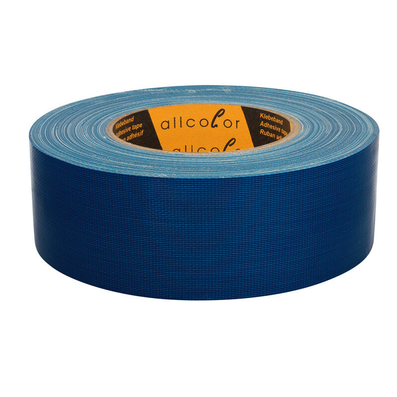 Stage Tape 695 dark blue - High-quality cloth tape, glossy surface, blue 50 mm Rolo de fita adesiva azul com rótulo laranja e texto allcolor