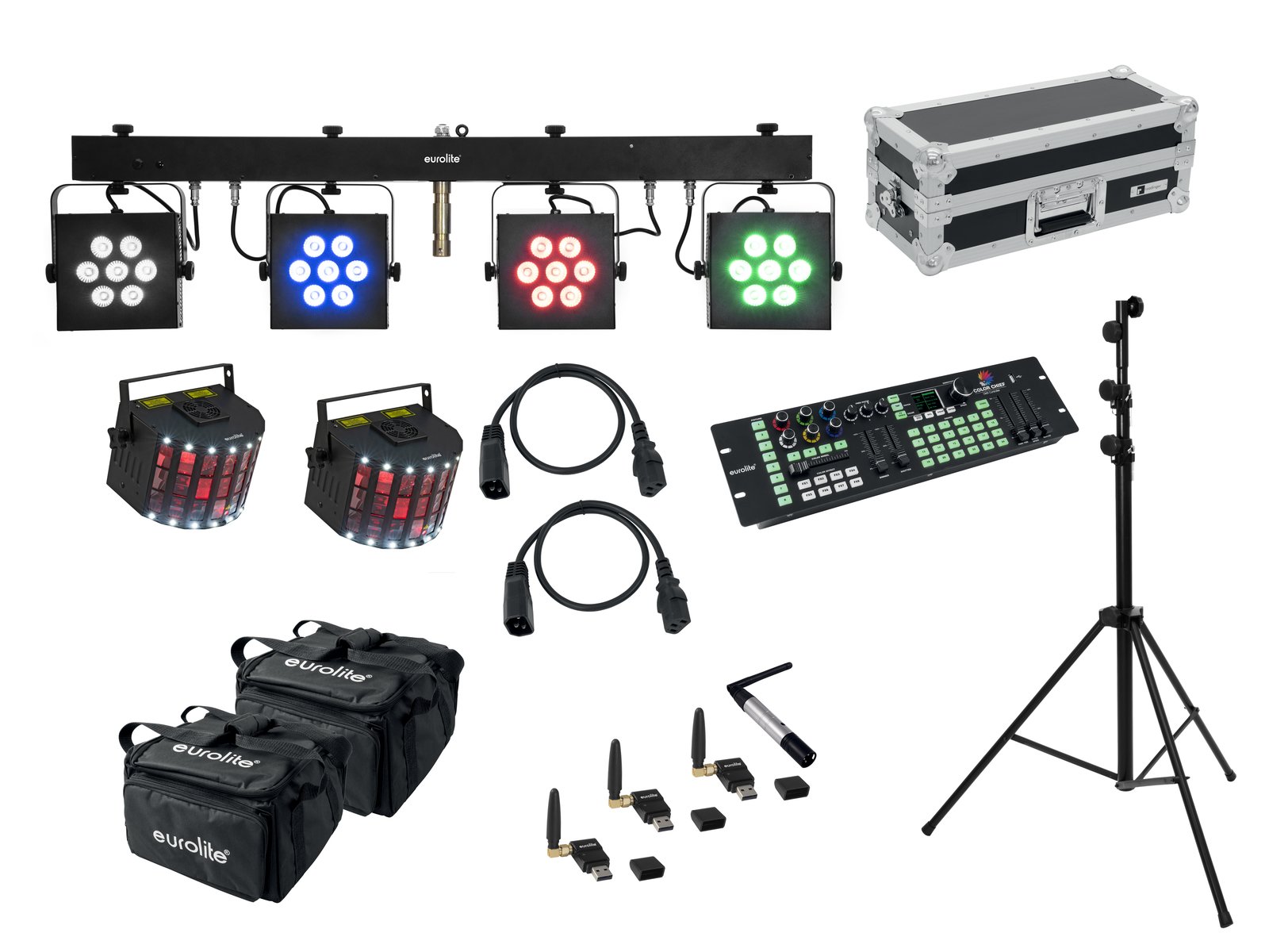 EUROLITE Set LED KLS-3002 + Laser Derby Mobile Bundle Equipamento de iluminação e som profissional composto por luzes LED coloridas, controlador, cabos, bolsa de transporte e tripé