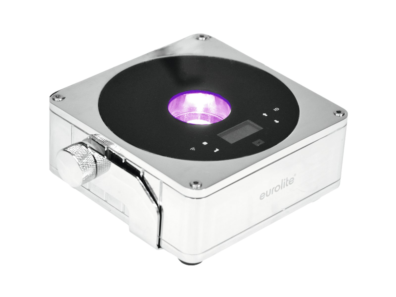 EUROLITE AKKU IP Flat Light 1 cr Dispositivo metálico prateado com luz roxa e visor digital da marca Eurolite