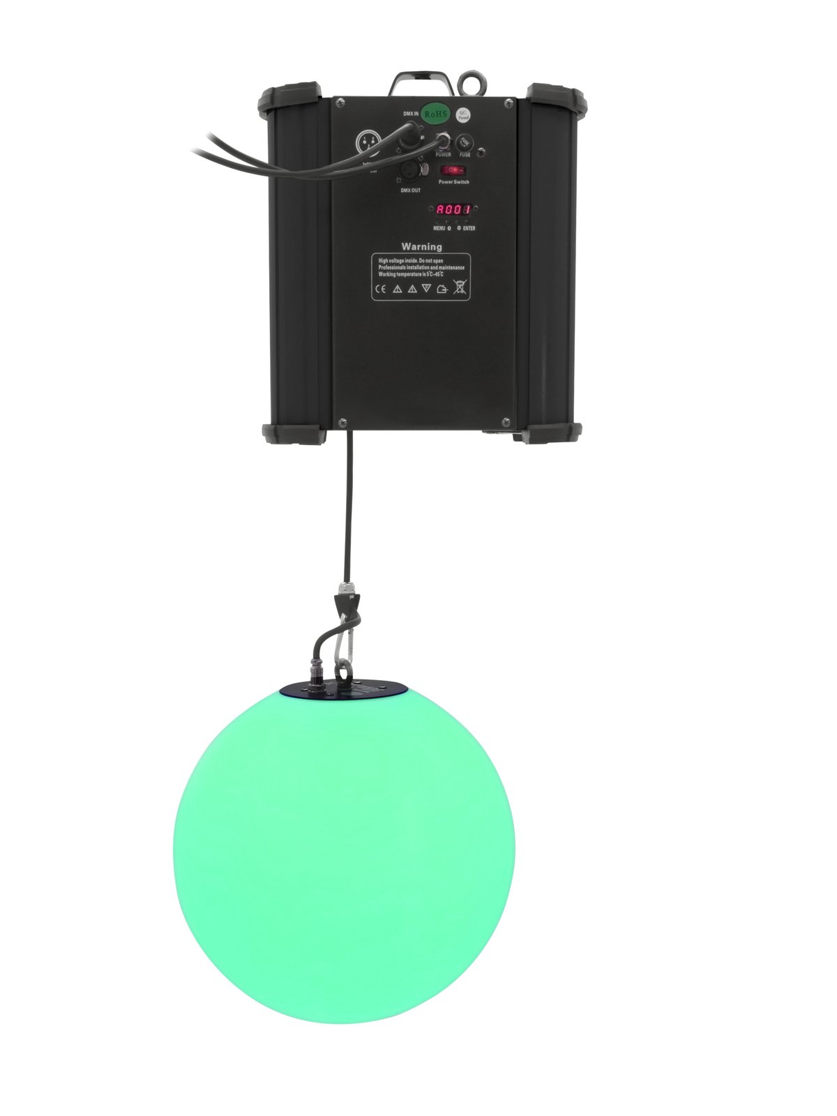 EUROLITE LED Space Ball 35 MK3 + HST-200 Dispositivo de iluminação preto com esfera luminosa verde e painel com botões