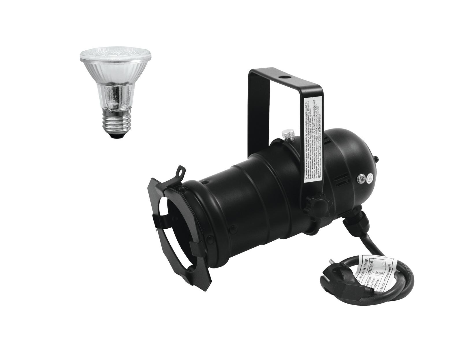 EUROLITE Set PAR-20 Spot bk + PAR-20 230V SMD 6W E-27 LED 3000K Luz de palco PAR preta com suporte e cabo, e lâmpada halógena separada.