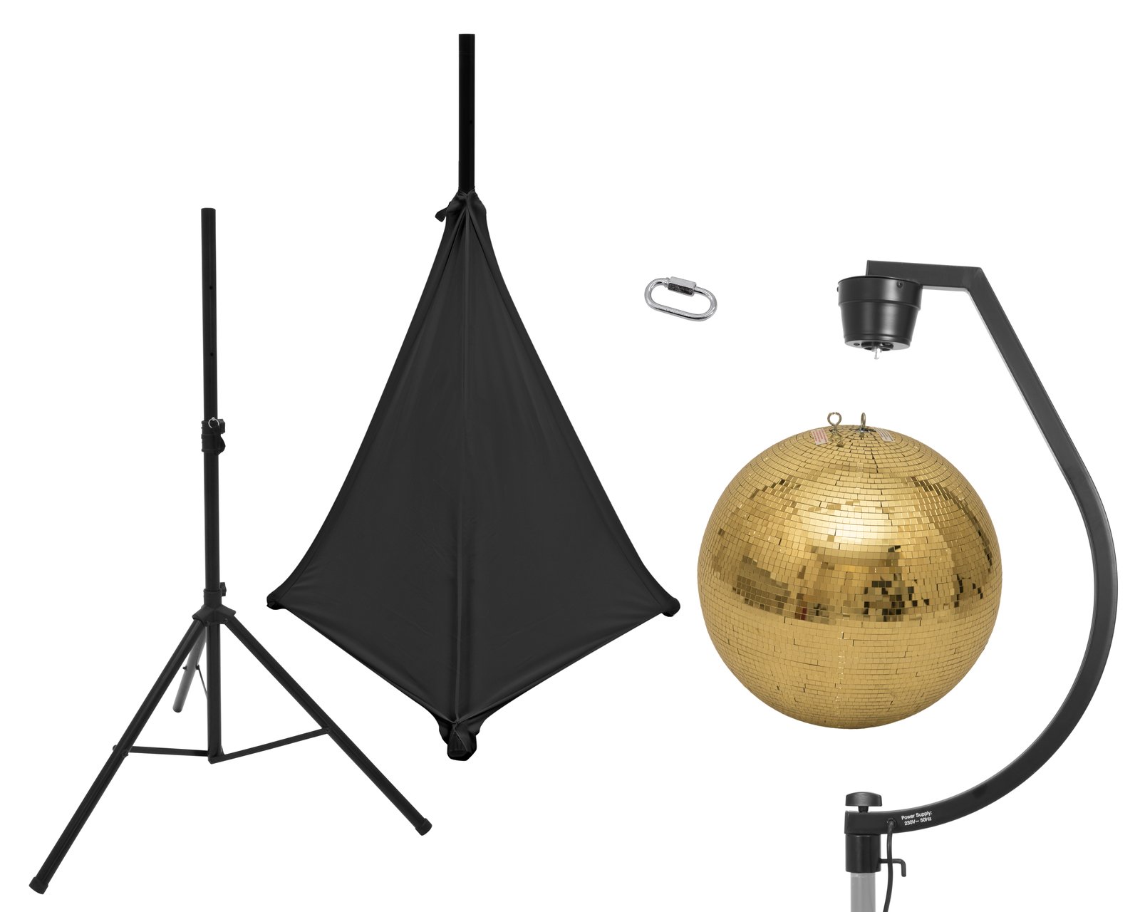 EUROLITE Set Mirror ball 50cm gold with stand and tripod cover black Conjunto de iluminação com tripé, softbox, mosquetão, esfera dourada e suporte curvo