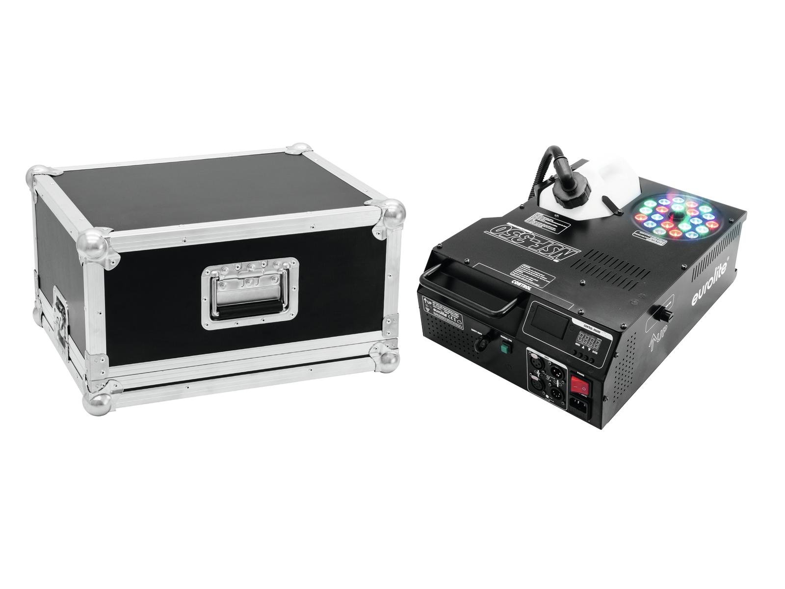 EUROLITE Set NSF-350 LED Hybrid Spray Fogger + Case Máquina de efeitos de luz preta com caixa de transporte preta e cantos metálicos.
