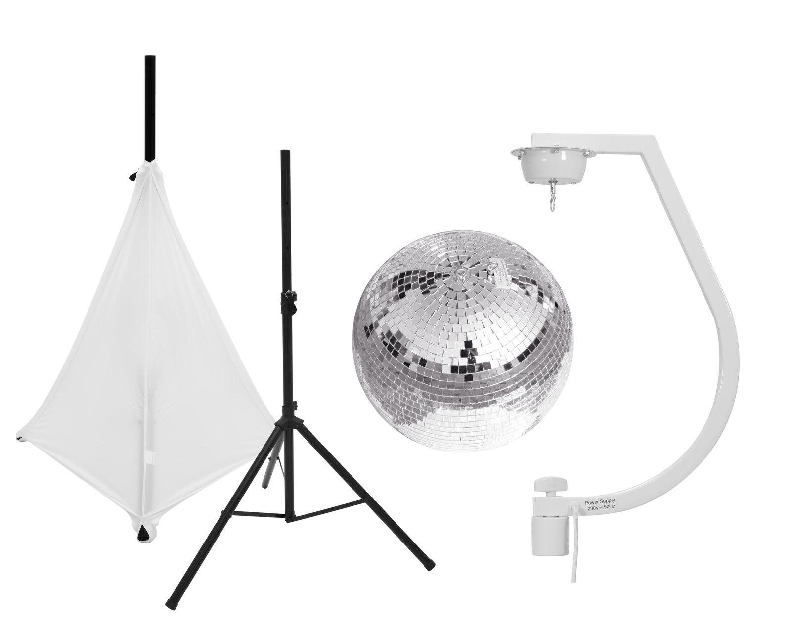 EUROLITE Set Mirror ball 30cm with stand and tripod cover white Suporte metálico branco curvo, tripé preto ajustável e bola de espelhos prateada