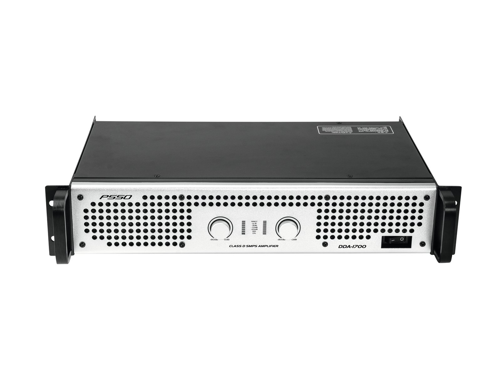 PSSO DDA-1700 Amplifier Amplificador de potência áudio PS60 com painel frontal em metal prateado, botões e ventilação