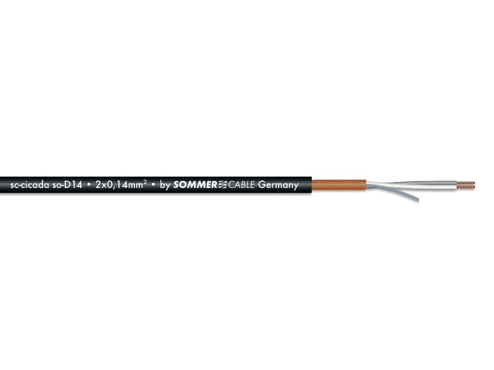 SOMMER CABLE Microphone cable 2x0.14 100m bk CICADA Cabo elétrico preto com texto impresso e condutores de cobre expostos