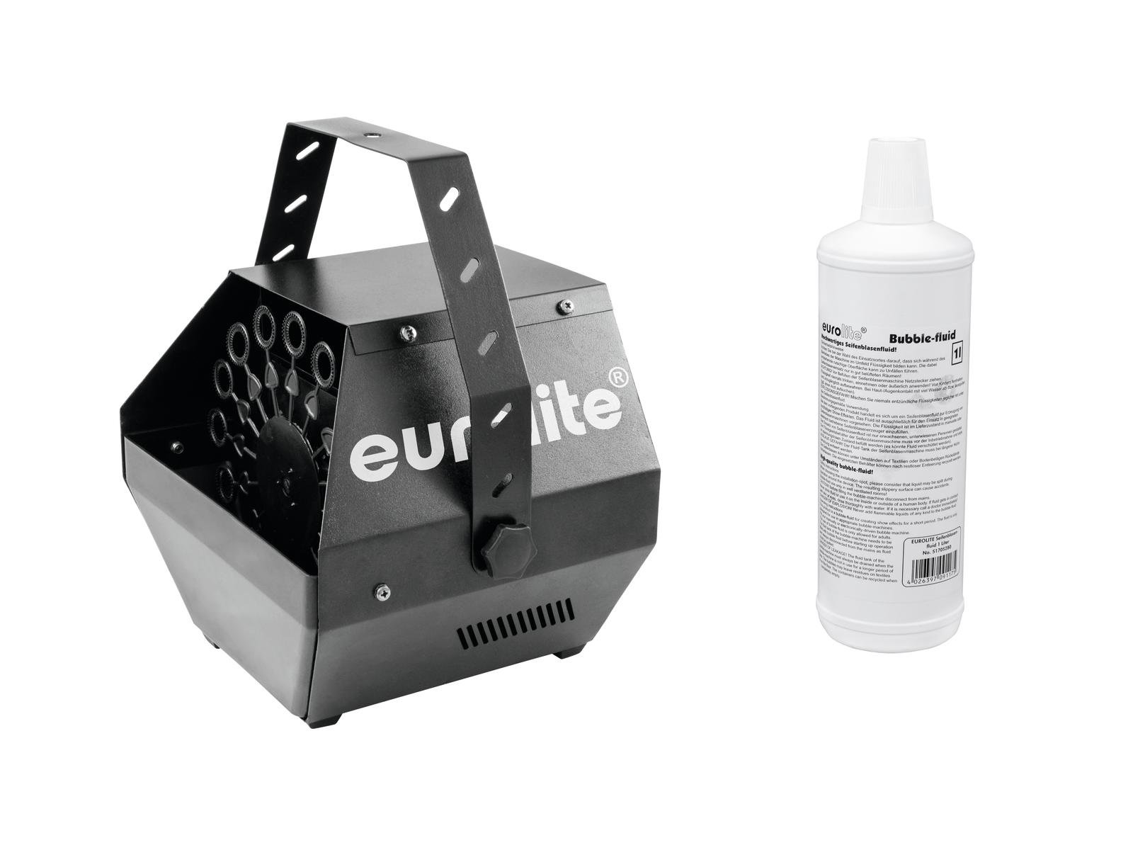 EUROLITE Set B-100 Bubble machine black DMX + bubble fluid 1l Máquina de bolhas preta Eurolite com frasco de líquido para bolhas