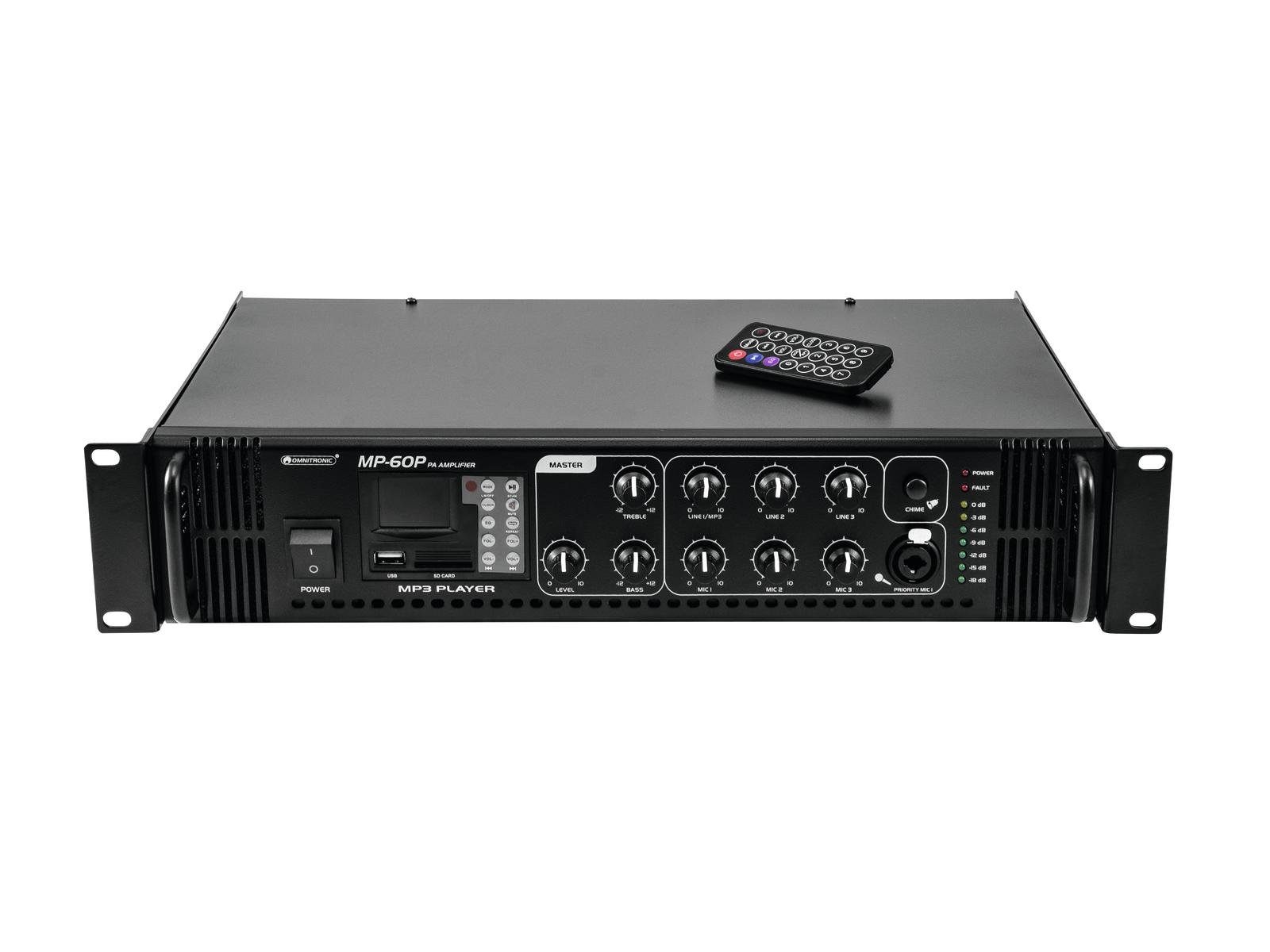 OMNITRONIC MP-60P PA Mixing Amplifier Amplificador de som preto com botões de controlo e ecrã digital