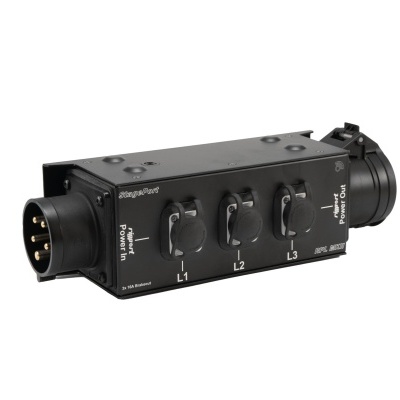 Dispositivo elétrico preto com três interruptores e conectores circulares