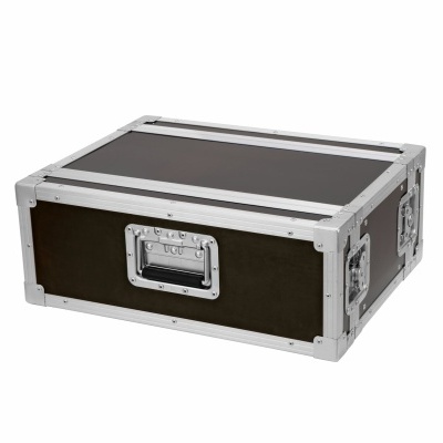 Mala rígida preta com armação metálica prateada e pegas embutidas.