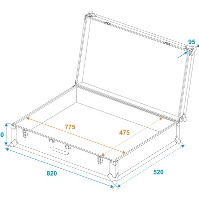 Desenho técnico de maleta aberta com medidas