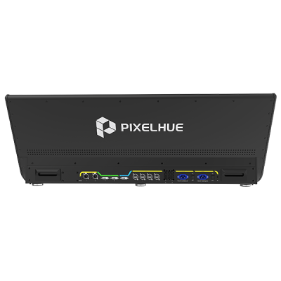 Monitor profissional Pixelhue preto com várias portas de conexão na traseira