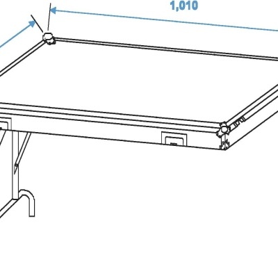 Extensão de mesa metálica com tampo retangular e pernas dobráveis, medidas indicadas em milímetros