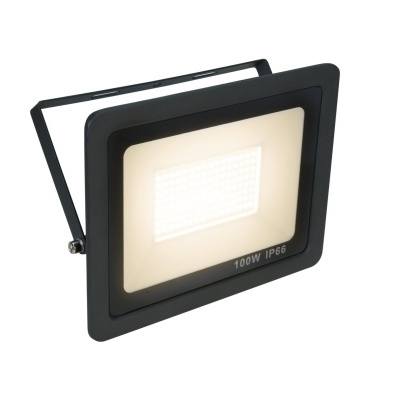 Projetor LED retangular preto com suporte e lente branca fosca