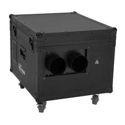 Caixa preta retangular com rodas e dois tubos redondos na frente, texto EVOLIGHT numa lateral.