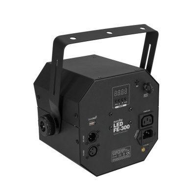 Máquina de efeitos luminotécnicos LED FE-300 preta com visor digital e suporte de fixação