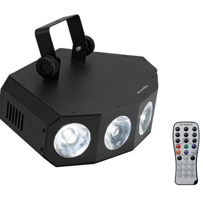 Dispositivo de luz LED preto com três lentes e comando remoto