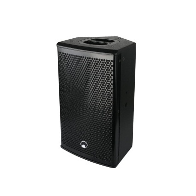 Coluna de som preta com grelha perfurada e botão circular branco na frente