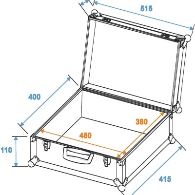 Desenho técnico em linhas azuis de mala rígida aberta com dimensões indicadas