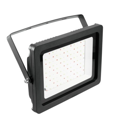 Projetor LED retangular preto com leds visíveis e suporte ajustável