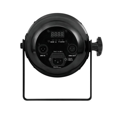 Holofote de iluminação circular preto com visor digital e conexões DMX