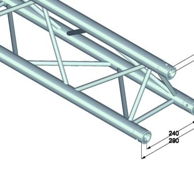 Estrutura metálica truss tubular prateada com medidas em milímetros