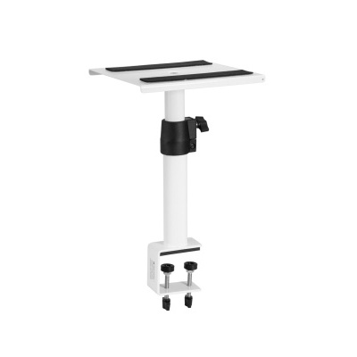 Suporte ajustável branco com grampos e plataforma superior com faixas pretas