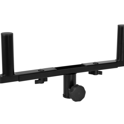 Suporte horizontal metálico preto com dois tubos verticais e botão de ajuste