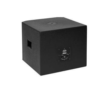 Coluna de som preta em formato cubo com painel de controles