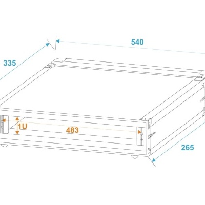 Desenho técnico de caixa retangular com medidas em milímetros e marcações internas.