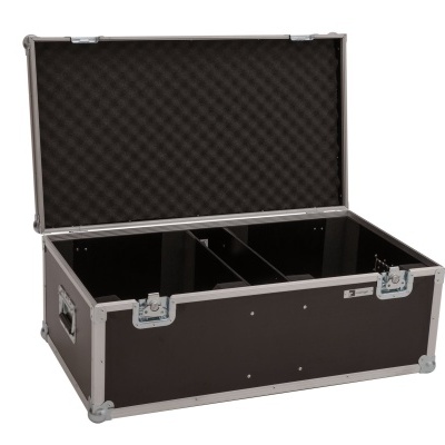 Mala de transporte preta aberta com interior acolchoado e divisórias