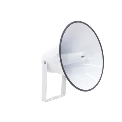 Megafone branco com suporte metálico e bordo preto