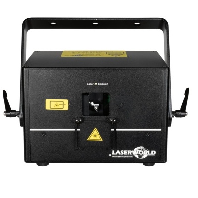 Projetor de luz laser preto com etiquetas amarelas e alavancas laterais